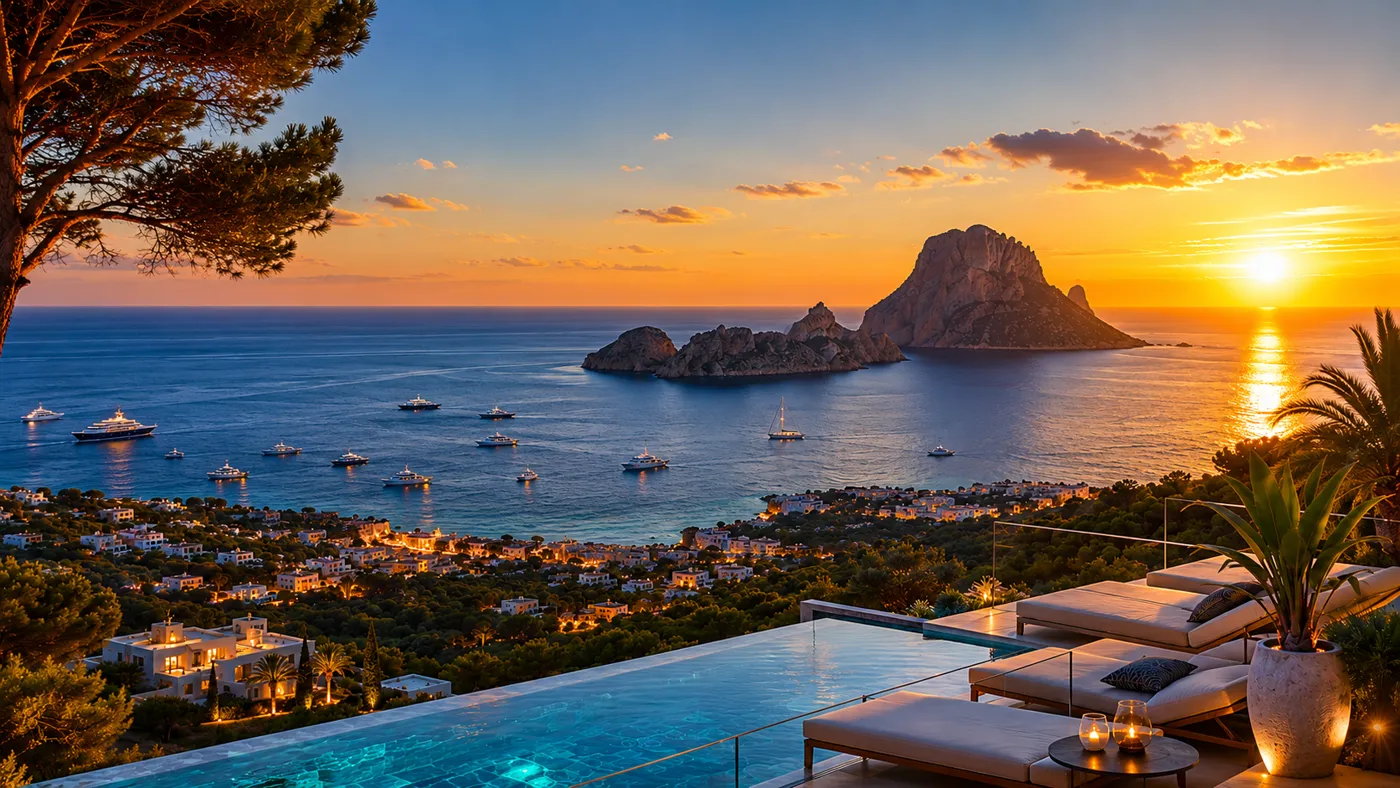Es Vedra rising out of the sea at sunset, seen from the coast
