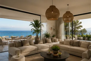Living room with panoramic sea views, shown on a private video viewing
