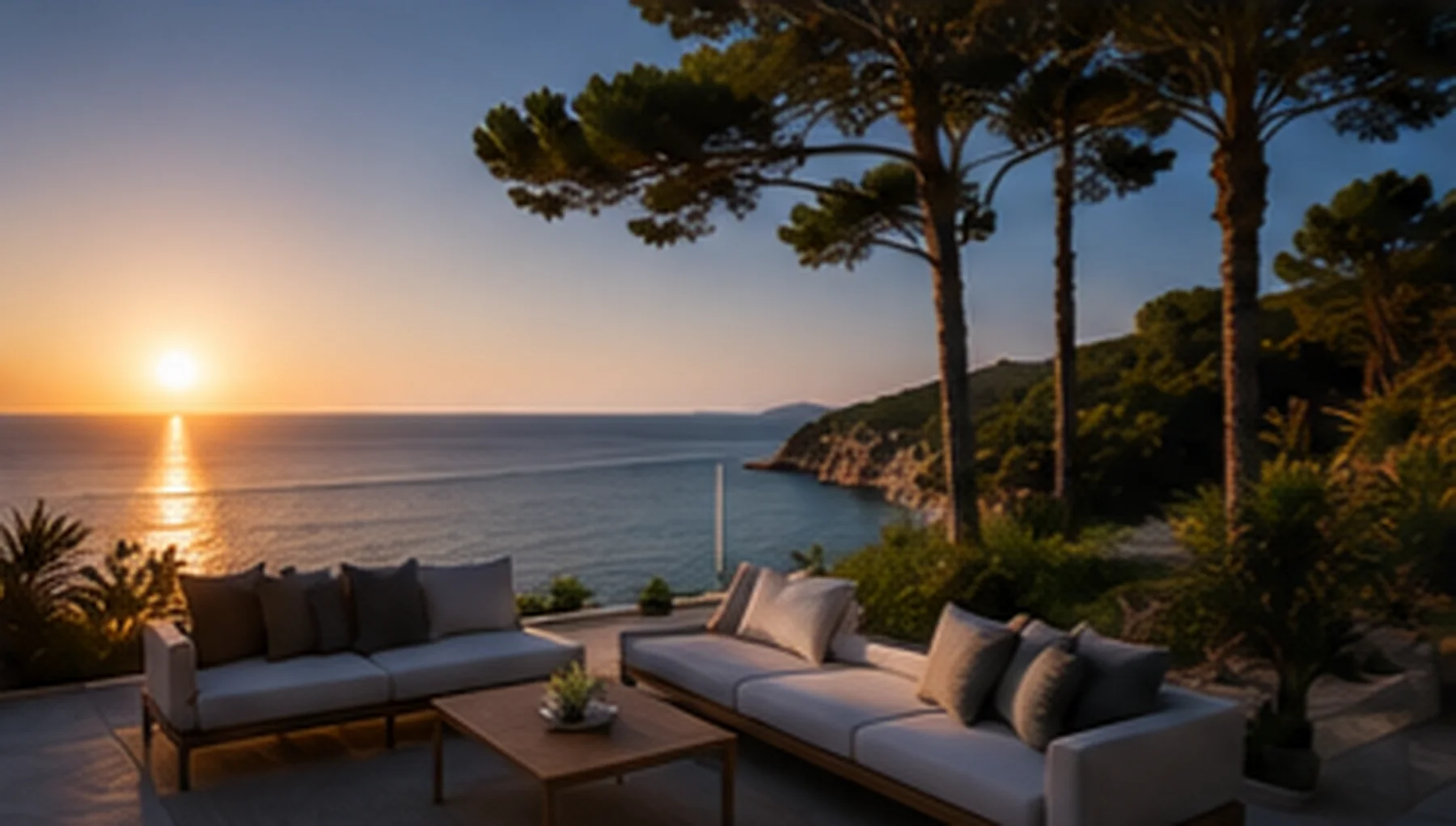Terrace lounge overlooking the sea at sunset