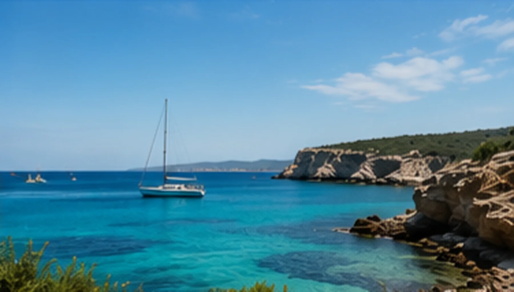Sailboat anchored in a crystal-clear Ibiza bay